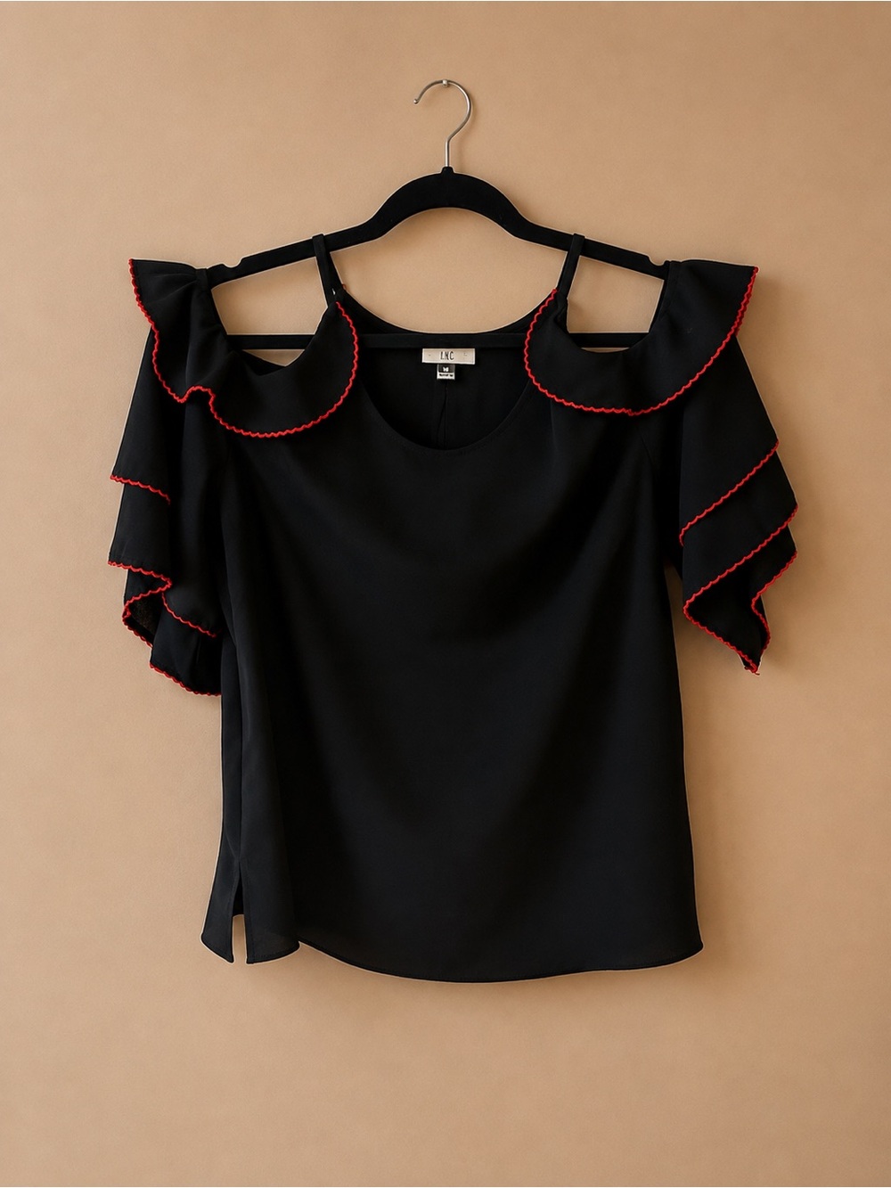 Umgee Black Cold-Shoulder Ruffle Top with Red Trim